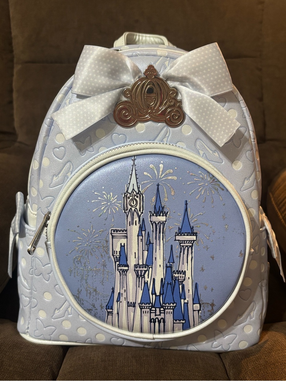 Loungefly Light Blue Castle Mini Backpack with Polka Dot Bow